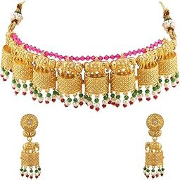 Gold Plated Kundan Pearl Choker Necklace with Earrings Indian Temple Traditional Ethnic Jewellery Set for Women-image-62