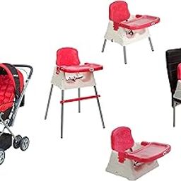 Luvlap Starshine Stroller/Pram, Easy Fold for Newborn Baby/Kids, 0-3 Years (Red) (18135) & Luvlap 4 in 1 Convertible High Chair Cum Booster Seat (Pink)-25