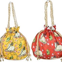 Potli|Silk Wedding Potli|Wallet Potli|Christmas Gift Potli|Baby Shower Potli|Traditional Shagun Potli|Drawstring with Beads Handle Potli|Cow-Design Patli Potli|Pack of 2|Multi-2