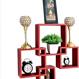 BhoomiCasa Intersecting Wall Mounted Shelves – Set of 4 Decorative Wall Racks for Home & Office | Engineered Wood Display Shelf for Living Room, Bedroom, Hallway (Red)-7