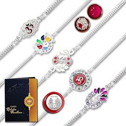 Elegant Silver-Plated Rakhi Set With Multicolor Pattern Pack Of 5 Designer Rakhis For Brothers Best Rakhi Combo For Brothers Attractive Rakhi Set Of 5 - Perfect For Siblings-image-3