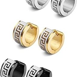 3 Pairs Men's Hoop Earring Stainless Steel Hoop Earrings for Men Women Huggie Earrings Unique Greek Key Fashion Huggie Earrings Piercing Jewelry, Stainless Steel, No Gemstone-26