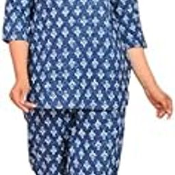 Indigo Blue Printed Cotton Nightwear Set for Women, 3/4 Sleeves, Top and Pyjama-image-46