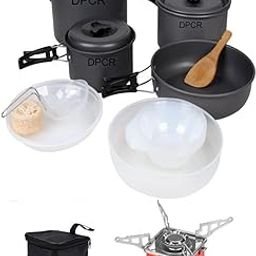 DPCR Camping Cooking Mess Kit with Gas Stove, Lightweight Hiking Cookware Set with Gas, Nonstick Aluminum Cooking Kit, Pot Pan Kettle Mess Kit with mini Gas Stove (4-5 Person)-image-49