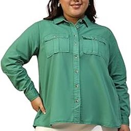 oxolloxo Women Plus Size Collared Button Down Long Sleeve Cotton Shirt with Chest Pockets-picture-17