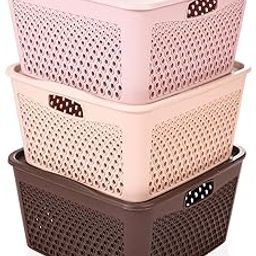 Kuber Industries Netted Design Unbreakable Multipurpose Square Shape Plastic Storage Baskets with lid Large Pack of 3 (Brown, Beige, Grey)-image-2