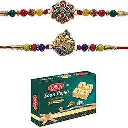 Yuvraj 2 gold plated designer rakhi set for 2 brother with sweets desi ghee patisa 200 gm | roli chawal pack-image-14