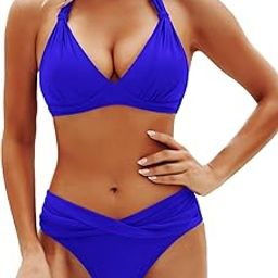 Women Two Piece Bathing Suits Push Up Bikini Set Halter Swimsuit Vintage Swimwear, Royal Blue, XL-image-60