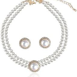 Gold Plated Pearl & Cubic Zirconia Studded Necklace & Stud Earring Elegant Stylish Jewellery Gift Set for Women-image-63