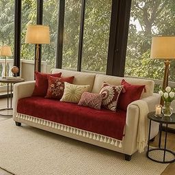 WWW.THROWPILLOW.IN Maroon L Shape Sofa Cover for Large 3 Seater with Chaise Lounge, Sofa Throw with Tassels for LHS RHS L-Shaped Sectional 3 Seater Lounger Set,5 Seater Sofa Cover India, Sofa Throw-image-1