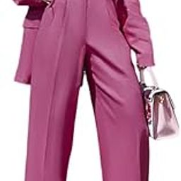 Women's Fashion Formal Two-Piece Pant Suit Set Work Wear Rose-red Suit Jacket & Wide Leg Pant Set-14