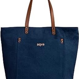Women's Solid Cotton Canvas Tote Bag with top zip pocket with metal puller, inside and front zip pocket for Travel, Work, College, Shopping, Beach (Royal Blue_17.5 X 14 X 6)-picture-22