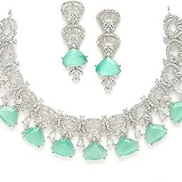 Rhodium-Plated With Silver-Toned Red And White American Diamond Studded Choker Necklace And Drop Earrings Jewellery Set For Women-8