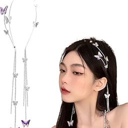 1 Pc Wedding Butterfly Headband Crystal Tassel Headband for Women Sparkly Rhinestone Fake Earrings Hair Chain Hairhoop Hair Accessories for Women and Girls-image-22