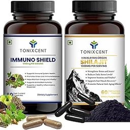 TONIXCENT Resilience Duo | ImmunoShield 1250mg & Shilajit 1300mg Capsules | Boosts Strength, Immunity & Recovery | 60+60 Vegan Capsules-image-20