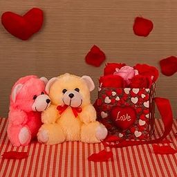 TIED RIBBONS Birthday Wedding Gift for Love Couple Boys Girls Girlfriend Boyfriend Husband Wife - Love Gift Pack (2 Cute Teddy Bear, Scented Rose Flowers)-image-59