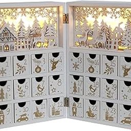 PIONEER-EFFORT Christmas Wooden Advent Calendar Book with LEDs White & Gold Christmas Reindeer Countdown Holiday Gifts with 24 Drawers Adults Kids Home Decoration (White&Gold,with light)-image-3