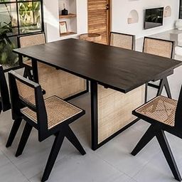 SMAART CRAAFTS 6 Seater Rattan Dining Set | Dining Table and 6 Chair for Living Room | | Pure Acacia Wood, Black Matt Finish | Dining Set for Hotel, Cafes and Restaurant |-image-8