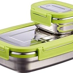 GANESH Craze Stainless Steel Tiffin Lunch Box Container/Dabba with 4 Side Clip Lock Lid for Office & School Use/Food Grade/Air Tight/Easy to Carry/Leak Proof(650ml 1pc + 140ml 1 Pc) Green-26