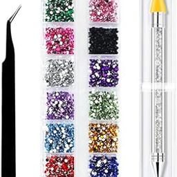 12 Colors Rhinestones Gems AB Nail Art Rhinestones Decorations for DIY Nail Art Crafts Nail Gems Stones Crystals with Rhinestone, 1 pcs Rhinestone Picker Dotting Pen and 1Tweezer(1 Set )-17