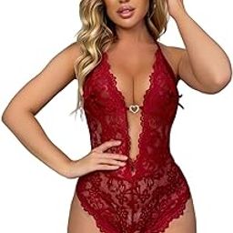 Heartbreaker Lace Bodysuit with Heart Charm, Plunging V-neck, Halter Style, Scarlet Red-image-62