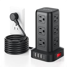 AnnTane - 6ft surge protection power band, 4 USB ports multi-plug power tower (1 USB C), extension cord with 12 AC outlets,-13
