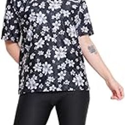 Poly Jersy - Printed Swimming Costume for Women Frock Style [Half Sleeves - Half Length - Without Pads] (M) Black-image-82