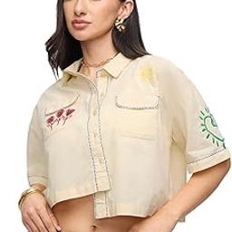 Sunshine Women and Girls Short Sleeves Collared Neck Button Front Off White Embroidered Cotton Oversized Cropped Shirts-image-8