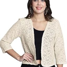 Women's Cream Lace Shrug - Regular Fit, Self-Designed, Front Open-1