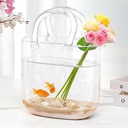 Flower Vase Glass Handbag Shape Vase with Handle Unique Bubble Scattered Aesthetic Design Centrepiece for Flowers & Fish Purse Shape Table Decor for Home, Office, Cafe L20x B10 x H26.5cm-image-22