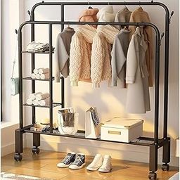 HomeCloud Cloth Rack with Shelves | Multipurpose Dual Rod + Wheels Garments Rack with Shelves for Storage & Coat Hanger Home, Storage Organizer 1pc, (150 * 135 * 51cm) (Black_shelves, Stainless Steel)-image-85