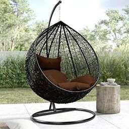 OMCCO Single Seater Rattan Swing Chair with Stand & Cushion Outdoor Indoor Balcony Garden Patio, Powder Coated Frame, Uv Protected Wicker, Premium Cushion (Brown)-image-20