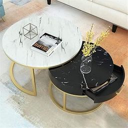 Welltrade Shoppee Modern Square Coffee Table Set of 2 Marble Look Stacking Nesting Table End Table, Tea Tables Luxury Sofa Center Table Round with Wooden Drawer Gold Metal Frame (White & Black)-image-88