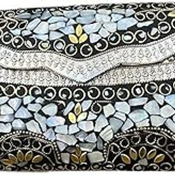 Vintage Mosaic Clutch Purse, Mother of Pearl Inlay, Silver Metal Frame, Black and Blue Design-43