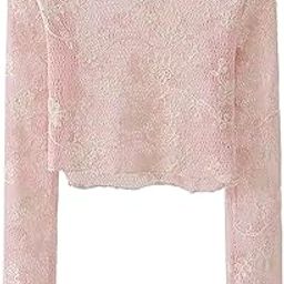 Women Long-Sleeves Boat Neck Transparent Mesh Sheer Floral Embroidery Crop Top T-Shirt DN648-image-56