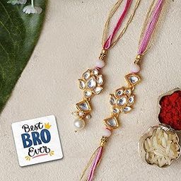 eCraftIndia Set of 2 Lotus Floral Kundan Designer Rakhis, Best Bro Ever Fridge Magnet with Roli Chawal Pack - Rakhis for Brother, Bhabhi, Kids-1