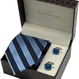 Navy Blue & Light Blue Silk Necktie with Blue Cufflinks Combo for Men – Stripe Design-4