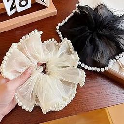 Ashkash 2pcs Oversized Durable Faux Imitation Pearl Soft Tulle Hair Ties - Elegant Bohemian Scrunchies with Vintage Rococo Chantilly Style, Black & White Hair Accessories for Women-image-3