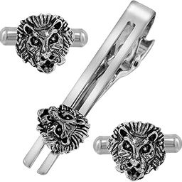 Lion Head 18K Gold Brass Office Formal Shirt Blazer Cufflink Pair Tie Pin Combo Men Gift Box-image-9