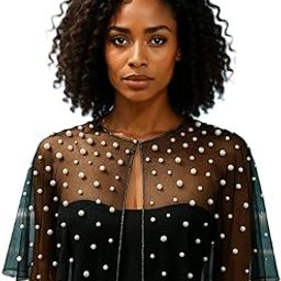 RABBA Women's Black Net Pearl Embellished Capelet Shrug | White Pearls, Silver Beads, Sheer Poncho | Saree & Suit Layering-image-2