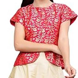 Frolic Rolic Orange Silk Jacquard Wowen Design Waist Length Ethnic Blouse-image-8