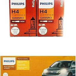 PHILIPS Rally H4 Headlight Bulb, 130/100W, 2 Bulbs and 12003XM H4 Heavy Duty Relay Wiring Kit for High Power-12