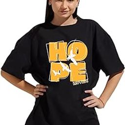 Oversized Half Sleeve Tshirt for Women, Round Neck Longline Printed Drop Shoulder T-Shirt (Color Black)-image-25