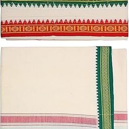 White Cotton Dhoti 2mts with Angavastram(Towel 58 * 32 inches) Vesti Mundu India Ethnic Dress with Green and Red Border-image-113