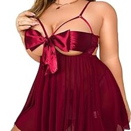 Women Babydoll Lingerie Plus Size Net Chemise Front Ribbon Halter Nightwear Teddy Nightgown Babydoll Lingerie Female Wedding Nightgown for Honeymoon and Anniversary-image-2