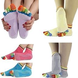 Conceptive Colorful Women's Cotton Anti-Skid, Anti-Slip Five Finger Toe Yoga Ankle Length Socks-image-76