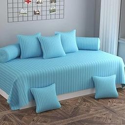 Fresh Home 8 Piece Satin Stripes King Size Solid Diwan Set with Bedsheet Bolster & Cushion Cover | Fancy Diwan Set Cotton for Home Living Room |Sky Blue Stripe-image-77
