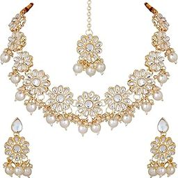 Traditional White Pearl Kundan Necklace Set | Kundan Choker | Fancy Jewellery with Earring and Maang Tikka for Women Girls-14