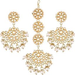 18K Gold Plated with Stunning Matte Finish Traditional Kundan & Faux Pearl Chandbali Earrings with Maang Tikka Set for Women (TE2911)-12