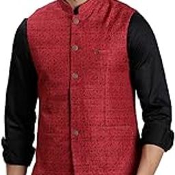 Men Cotton Viscose PRINTS Slim Fit Brick Red Nehru Jacket-image-26